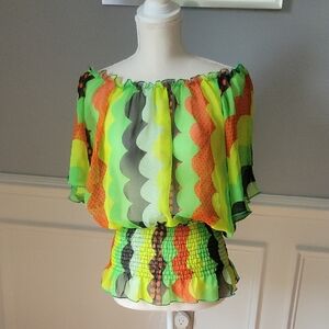 Victoria Multi Color Sheer Off The Shoulder Top Smocked Waist Womens Size M/L